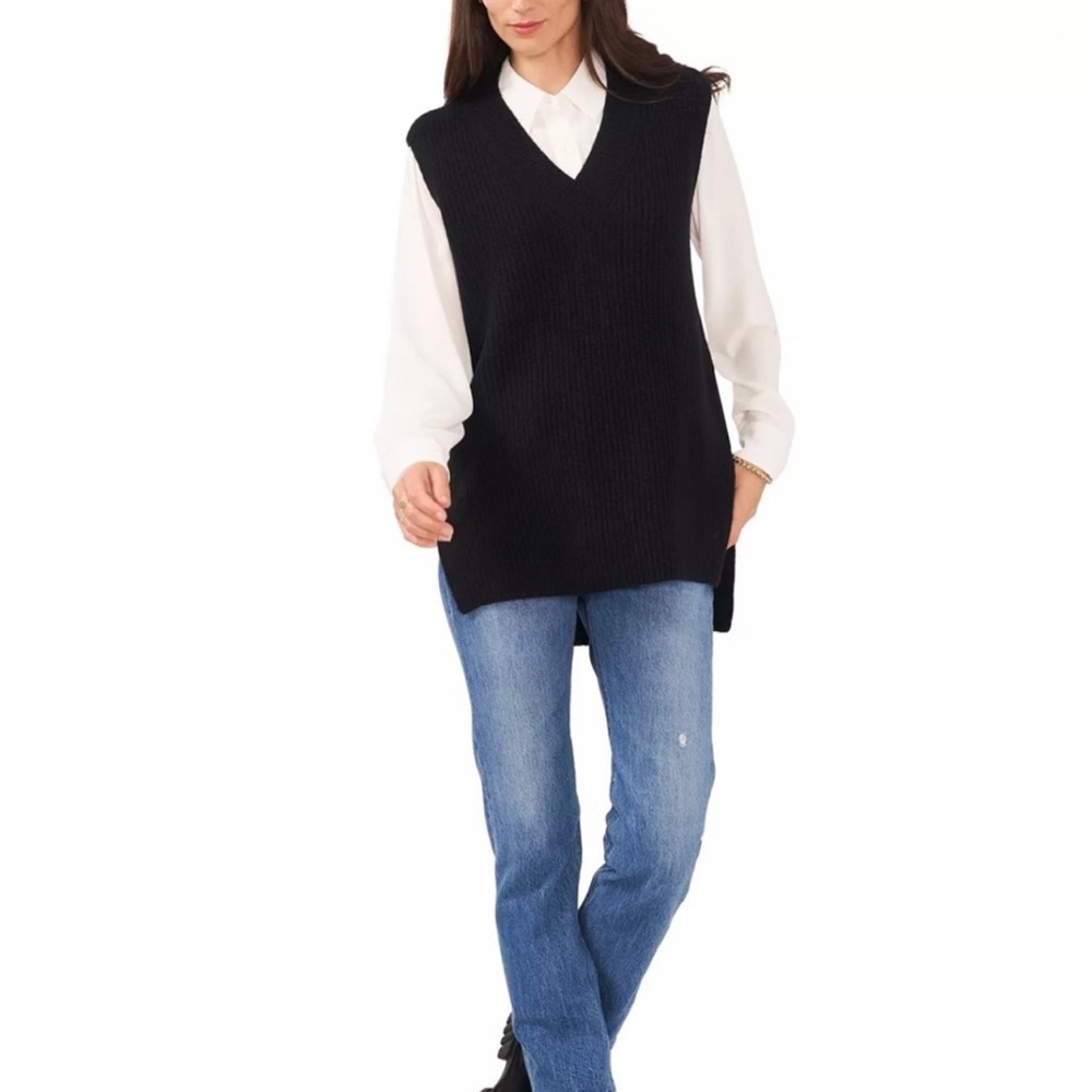 NWT - Vince Camuto Black Shaker Sweater Vest With High-Low Hem-Line - Picture 2 of 13